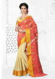 Cotton Silk Casual Saree in Orange Pink / Peach, Half White and Golden - Boutique4India Inc.