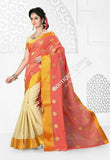 Cotton Silk Casual Saree in Orange Pink / Peach, Half White and Golden - Boutique4India Inc.