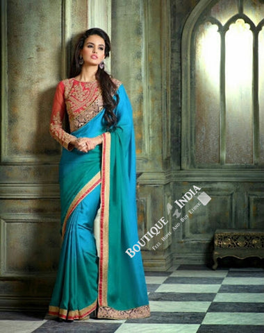 Sarees - Blue And Ruby Red Net and Chiffon - Boutique4India Inc.