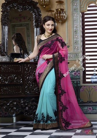 Smooth-textured Net Chiffon Saree in Pink, Black and Blue - Boutique4India Inc.
