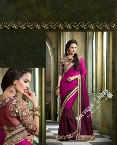 Sarees - Net and Chiffon with Purple And Golden Color - Boutique4India Inc.