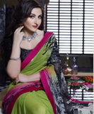 Smooth-textured Net Chiffon Saree in Green, Red and Pink - Boutique4India Inc.