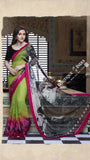 Smooth-textured Net Chiffon Saree in Green, Red and Pink - Boutique4India Inc.