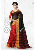 Cotton Silk Casual Saree in Hot Red, Back and Golden - Boutique4India Inc.