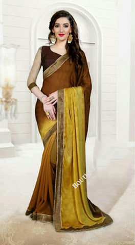 Reversible Silk and Faux Georgette Saree in Yellow, Brown and Golden - Boutique4India Inc.