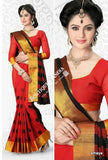 Cotton Silk Casual Saree in Hot Red, Back and Golden - Boutique4India Inc.