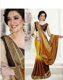 Reversible Silk and Faux Georgette Saree in Yellow, Brown and Golden - Boutique4India Inc.