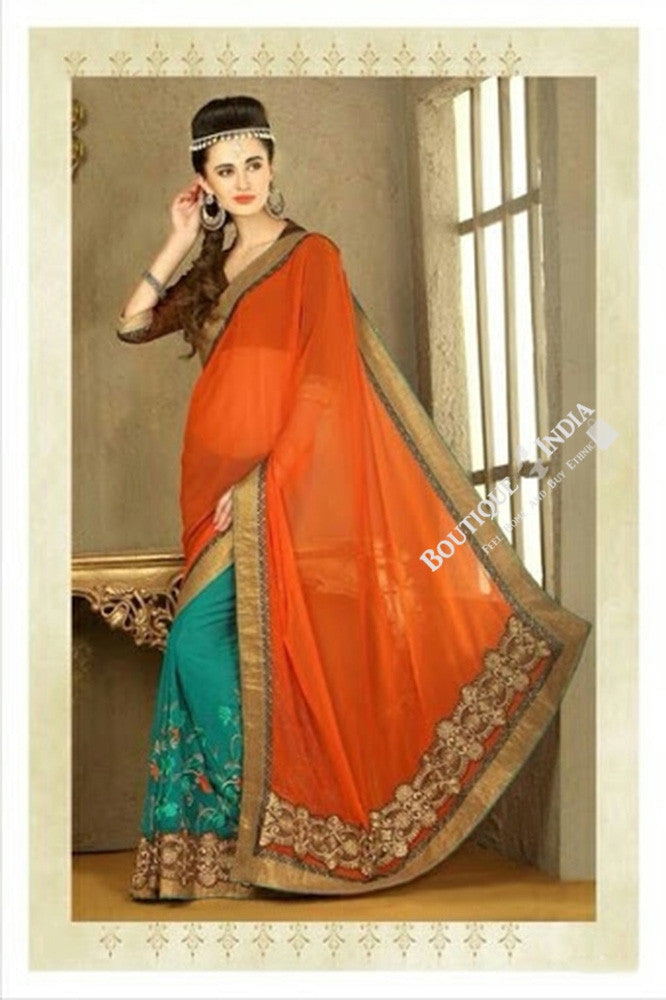 Sarees - Net and Chiffonwith Orange, Blue And Golden Color - Boutique4India Inc.