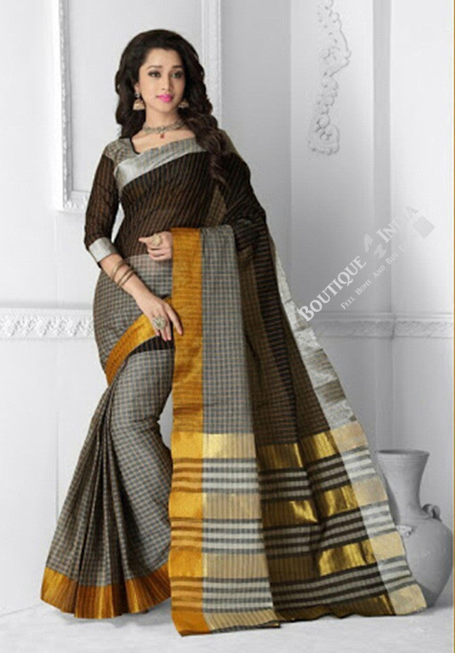 Ravishing Cotton Silk Saree in Gray, Black and Golden - Boutique4India Inc.