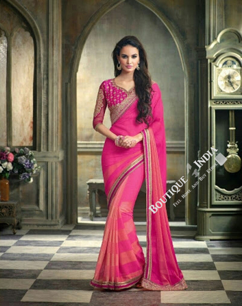 Sarees - Net and Chiffon with Pink, Purple And Golden - Boutique4India Inc.