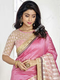 Chiffon Silk and Net Embroidered Saree in Pink and Golden - Boutique4India Inc.
