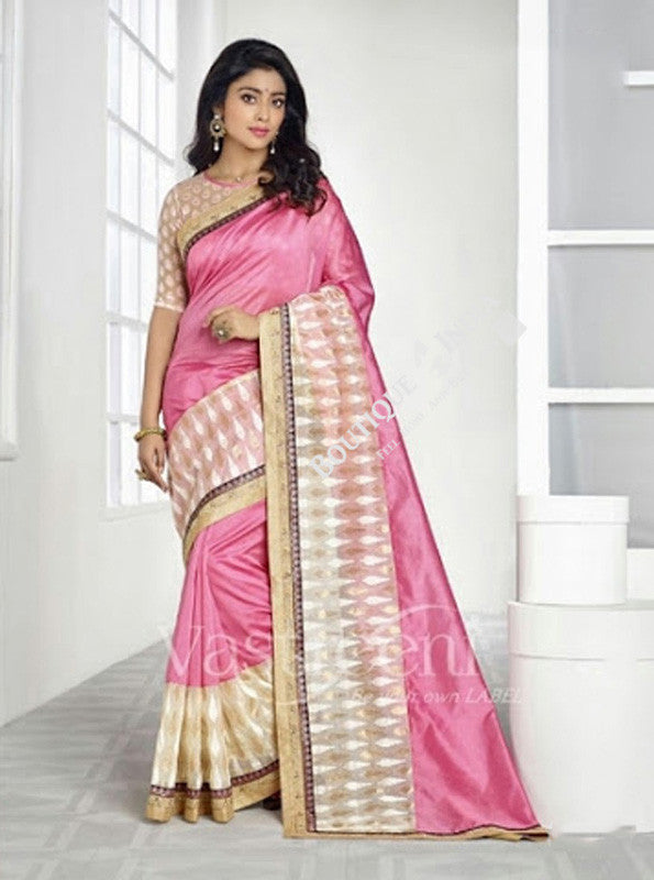 Chiffon Silk and Net Embroidered Saree in Pink and Golden - Boutique4India Inc.