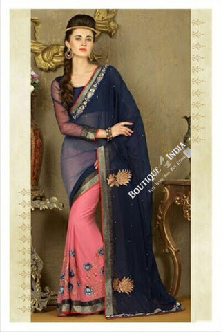Sarees - Blue And Light Pink Net and Chiffon - Boutique4India Inc.