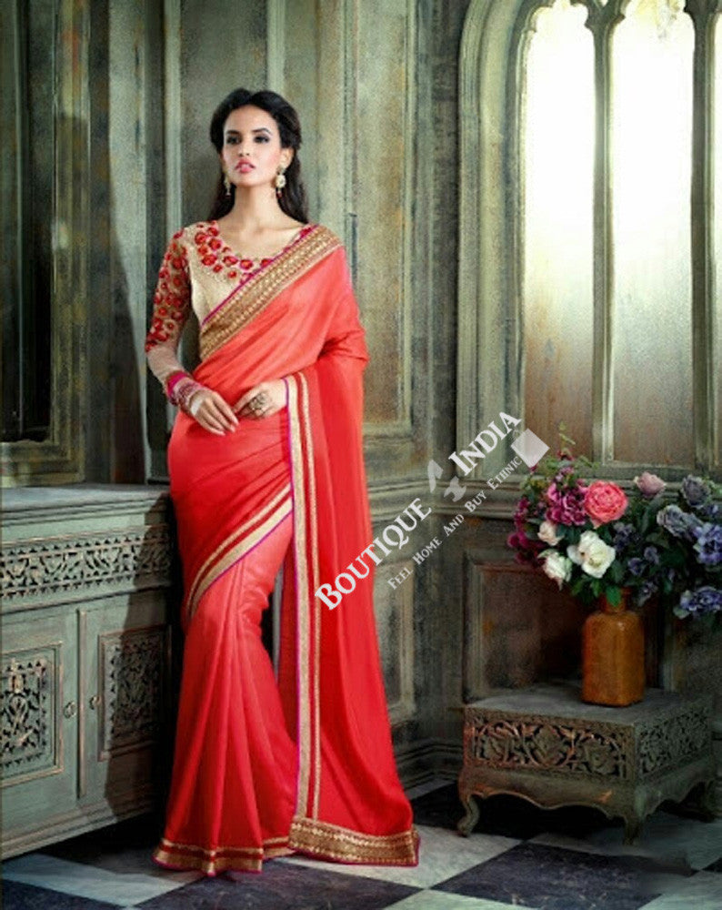 Sarees - Net and Chiffon with Orange, Pink And Golden - Boutique4India Inc.