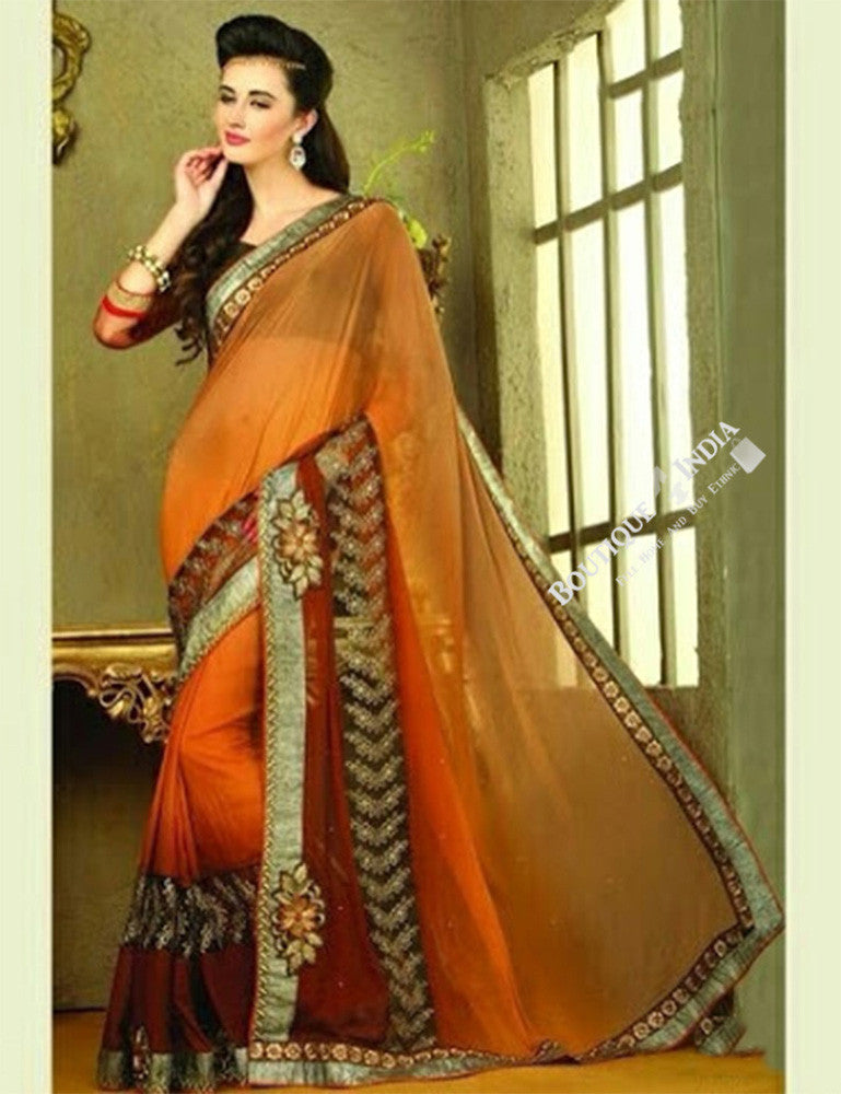 Sarees - Net and Chiffon with Orange, Maroon And Golden - Boutique4India Inc.