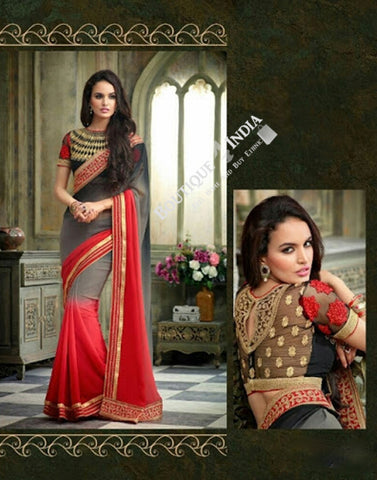 Sarees - Grey, Hot Red And Golden Net and Chiffon - Boutique4India Inc.