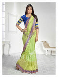 Chiffon Silk and Net Embroidered Saree in Green and Blue - Boutique4India Inc.