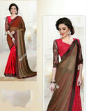 Reversible Silk and Faux Georgette Saree in Brown Orange and Red - Boutique4India Inc.