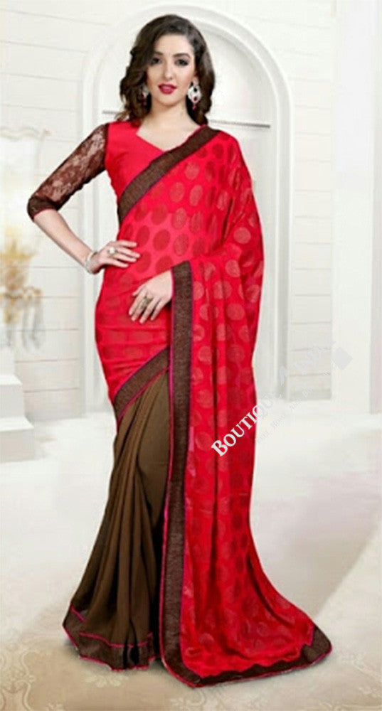 Reversible Silk and Faux Georgette Saree in Brown Orange and Red - Boutique4India Inc.