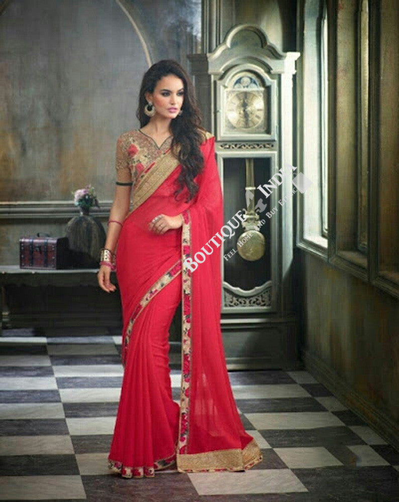 Sarees - Rose Red And Golden Embroidery And Shaded Designer Collections - Boutique4India Inc.