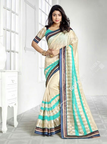 Chiffon Silk and Net Saree in Half White and Blue Shades - Boutique4India Inc.