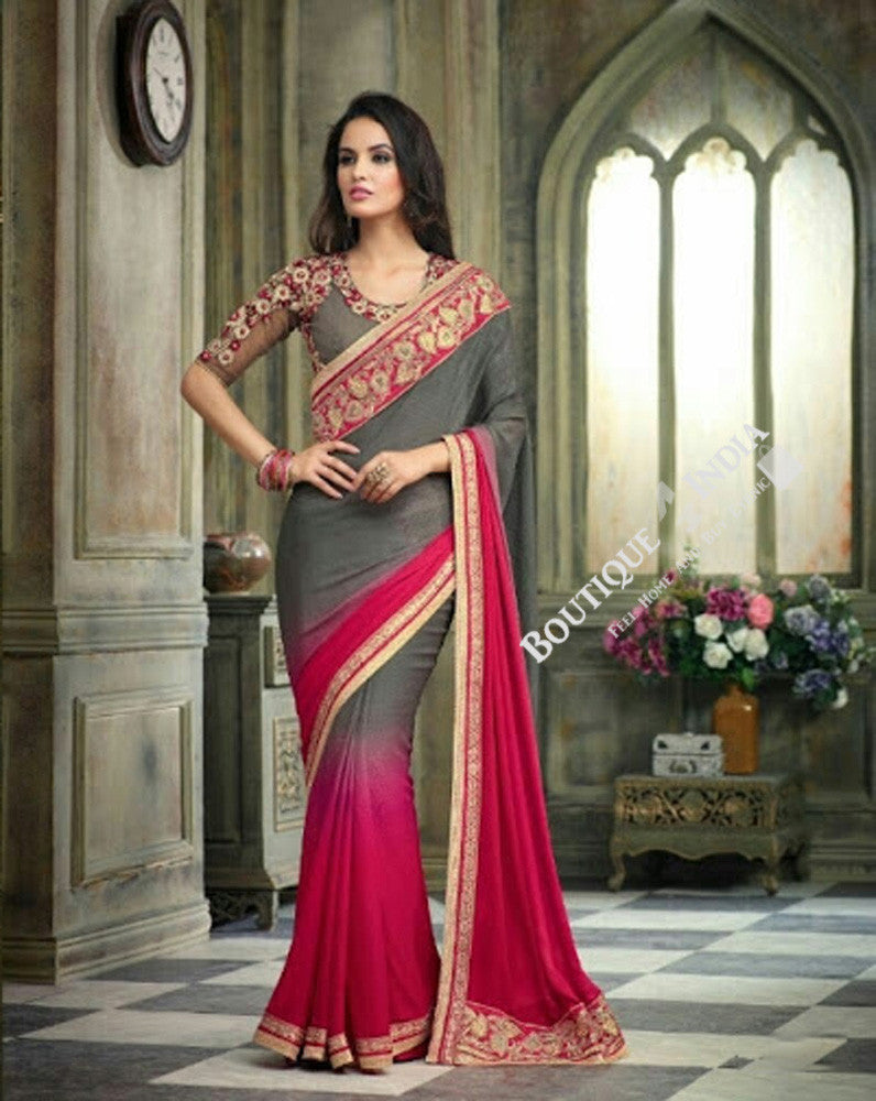 Sarees - Grey, Pink Net and Chiffon Embroidered - Boutique4India Inc.