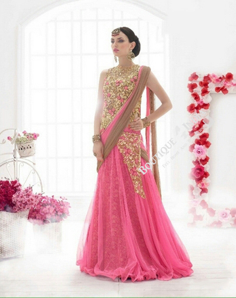 Sarees - Pink, Light Brown, Golden Bridal Collections - Resplendent Bridal Designer Wedding Special Collections / Wedding / Party / Special Occasions / Festival - Boutique4India Inc.
