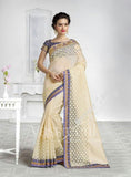 Chiffon Silk and Net Saree in Half White and Blue - Boutique4India Inc.