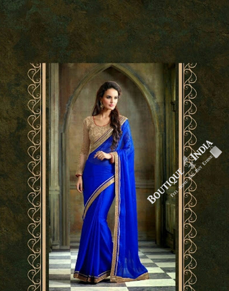 Sarees - Elegant Blue And Golden Net and Chiffon - Boutique4India Inc.