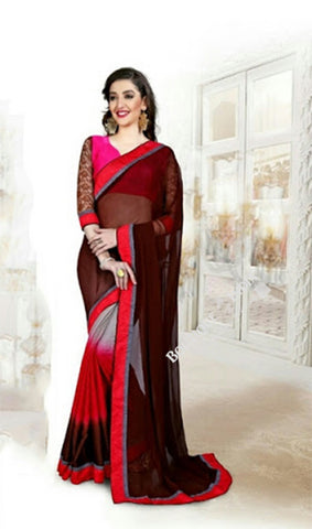 Reversible Silk and Faux Georgette Saree in Pink Red and Brown - Boutique4India Inc.