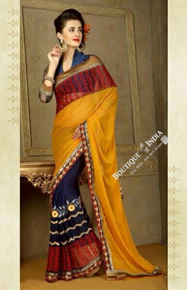Sarees - Golden Yellow, Blue And Maroon Net Chiffon - Boutique4India Inc.