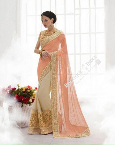 Sarees - Peach/ Pink And Golden Bridal Collections - Resplendent Bridal Designer Wedding Special Collections / Wedding / Party / Special Occasions / Festival - Boutique4India Inc.