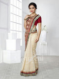 Chiffon Silk and Net Embroidered Saree in Half White, Maroon and Green - Boutique4India Inc.