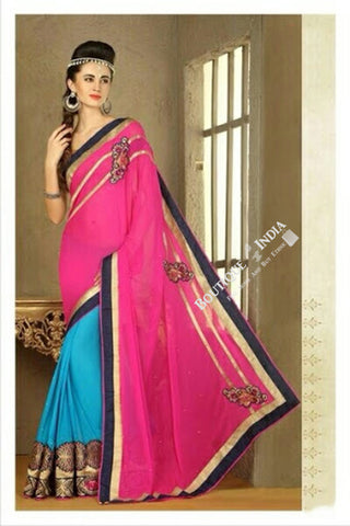 Sarees - Net and Chiffon with Pink, Blue and Golden Color - Boutique4India Inc.