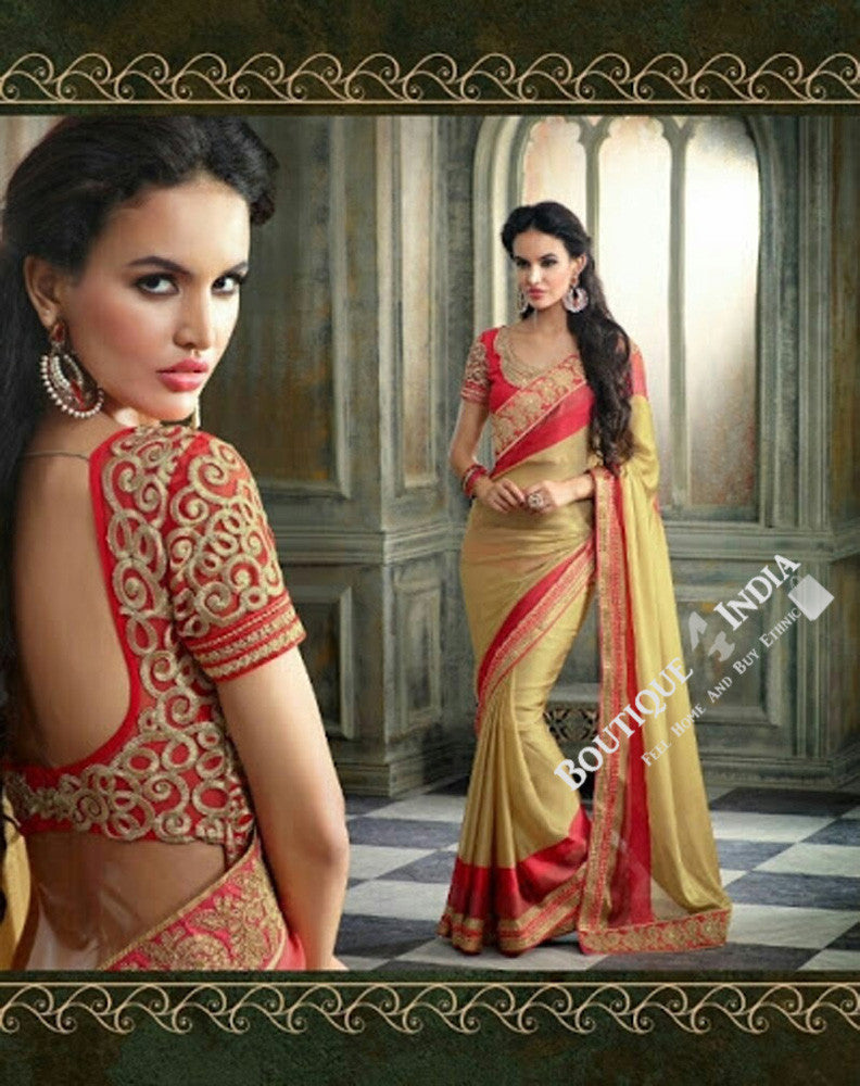 Sarees - Net and Chiffon with Orange Shade and Golden - Boutique4India Inc.