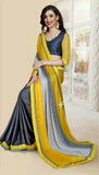 Reversible Silk and Faux Georgette Saree in Yellow and Grey - Boutique4India Inc.