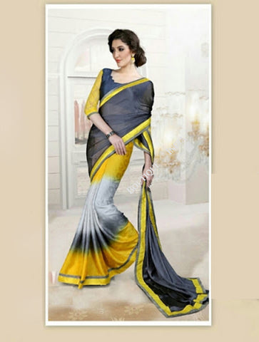 Reversible Silk and Faux Georgette Saree in Yellow and Grey - Boutique4India Inc.