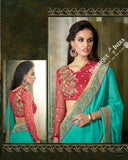 Sarees - Blue, Red And Golden Net and Chiffon - Boutique4India Inc.