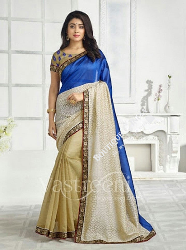Chiffon Silk and Net Embroidered Saree in Blue, Creamand Half White - Boutique4India Inc.