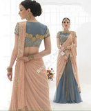 Sarees - Peach/ Pink, Grayish Blue And Golden Bridal Collections - Resplendent Bridal Designer Wedding Special Collections / Wedding / Party / Special Occasions / Festival - Boutique4India Inc.