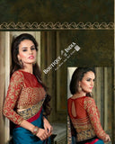 Sarees - Blue Hot Red Black And Golden Net and Chiffon - Boutique4India Inc.