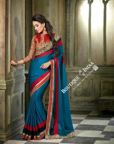Sarees - Blue Hot Red Black And Golden Net and Chiffon - Boutique4India Inc.
