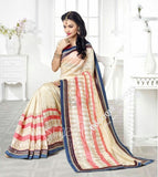 Chiffon Silk and Net Embroidered Saree in Cream, Blue and Pink - Boutique4India Inc.