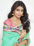 Chiffon Silk and Net Embroidered Saree in Pista Green and Pink - Boutique4India Inc.