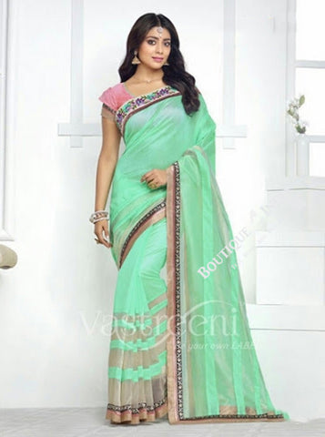 Chiffon Silk and Net Embroidered Saree in Pista Green and Pink - Boutique4India Inc.
