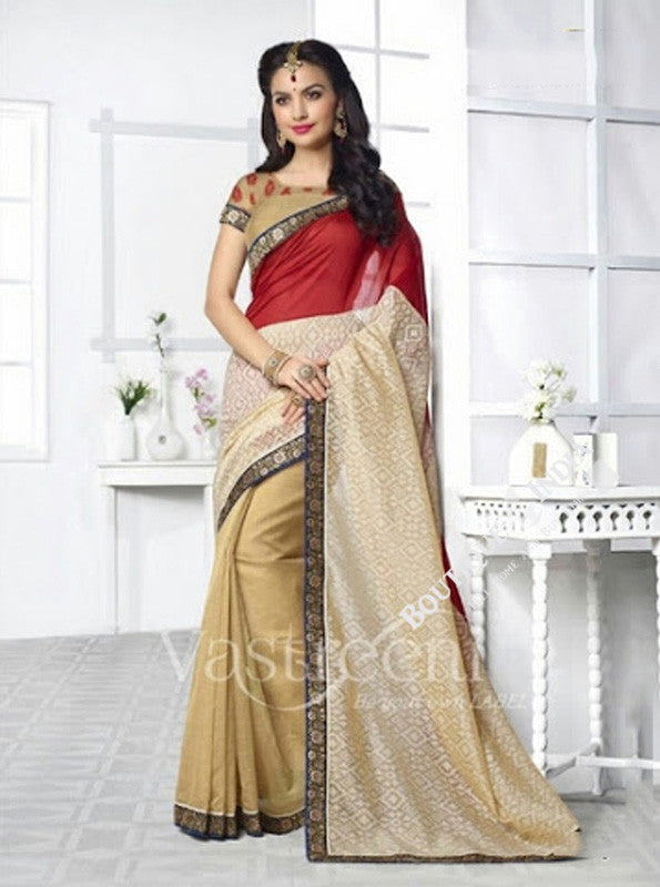 Chiffon Silk and Net Saree in Maroon, Cream and Blue - Boutique4India Inc.