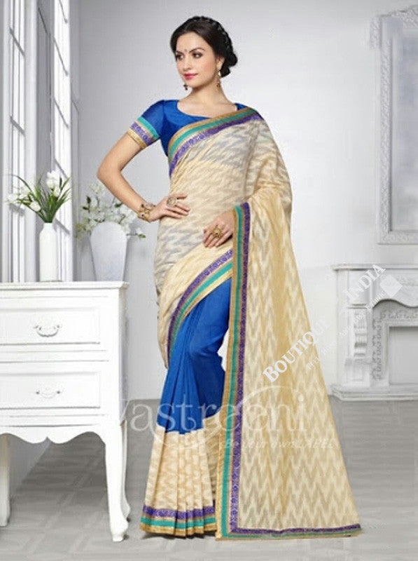 Chiffon Silk and Net Saree in Cream, Half White and Blue - Boutique4India Inc.
