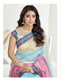Chiffon Silk and Net Embroidered Saree in Pink, Blue and Cream - Boutique4India Inc.