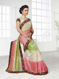 Chiffon Silk and Net Embroidered Saree in Cream Pink and Green - Boutique4India Inc.