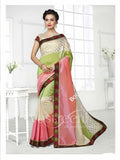 Chiffon Silk and Net Embroidered Saree in Cream Pink and Green - Boutique4India Inc.